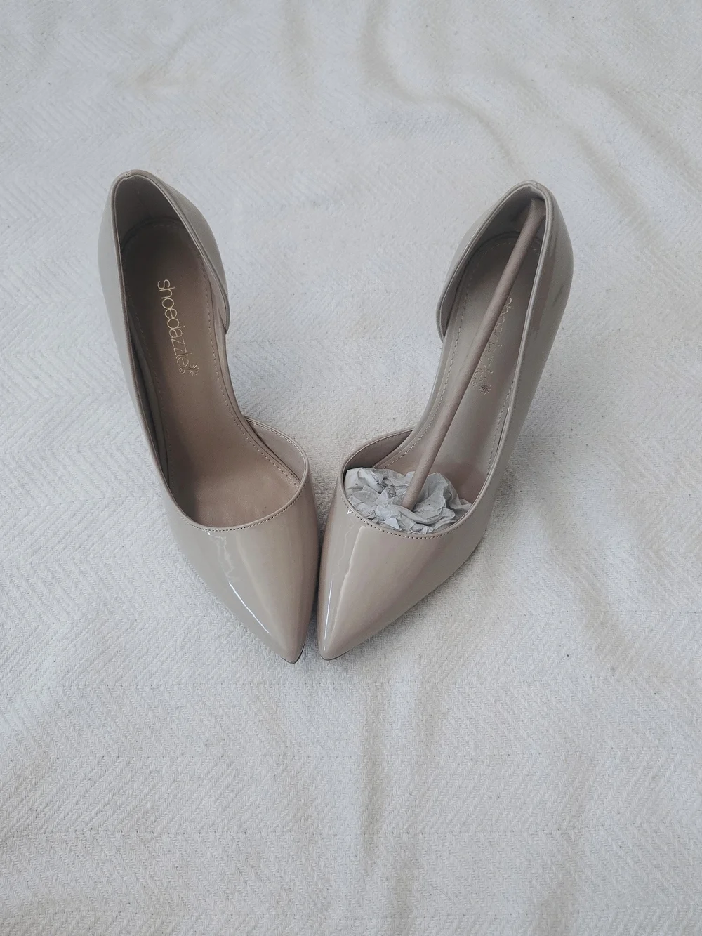 Shoedazzle Pointed Toe Patent Stiletto Pumps - Taupe